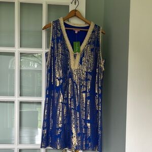 Lilly Pulitzer Blue and Gold V-Neck Sundress